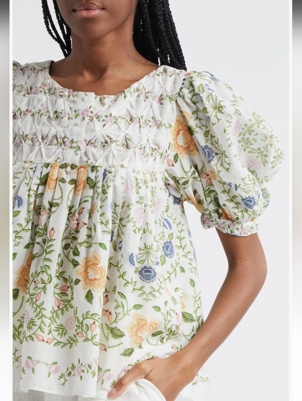 Farm Rio Folk Floral Beaded Smocked Puff Sleeve Blouse Sz M